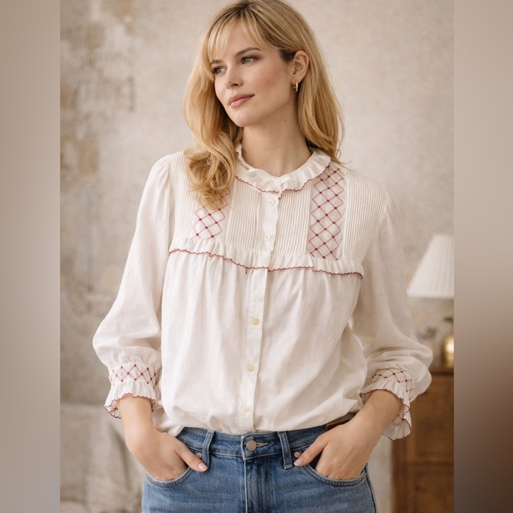 Vintage Barbizon White Cotton Blouse with Delicate Red Hand Smocked Embroidery